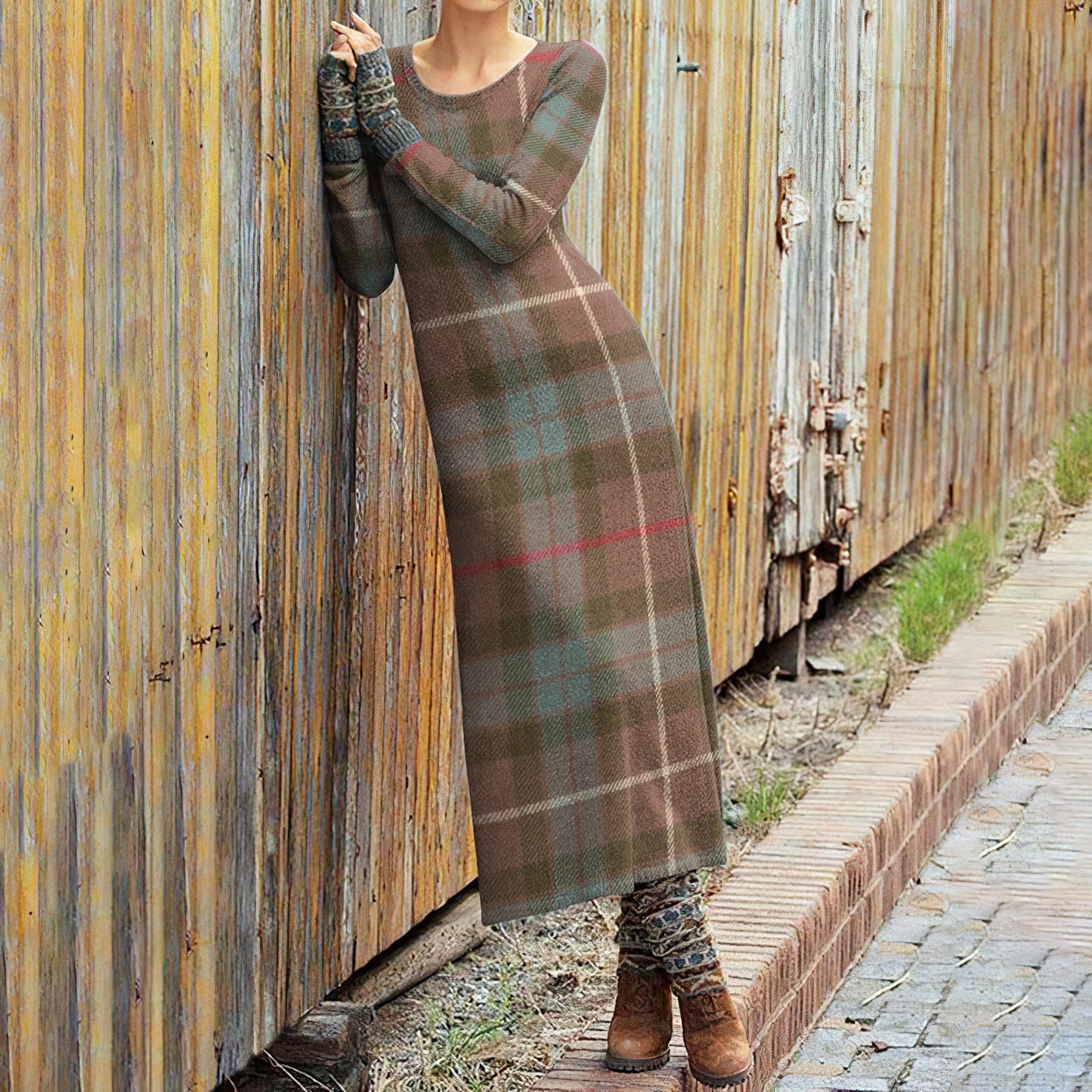 Vintage Scotland Plaid Crew Neck Casual Wool Midi Dress elevenforest