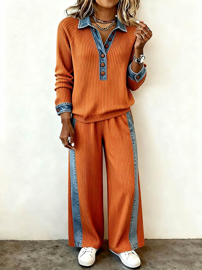 Women'S Casual Lapel Patchwork Top And Pants Two-Piece Set 