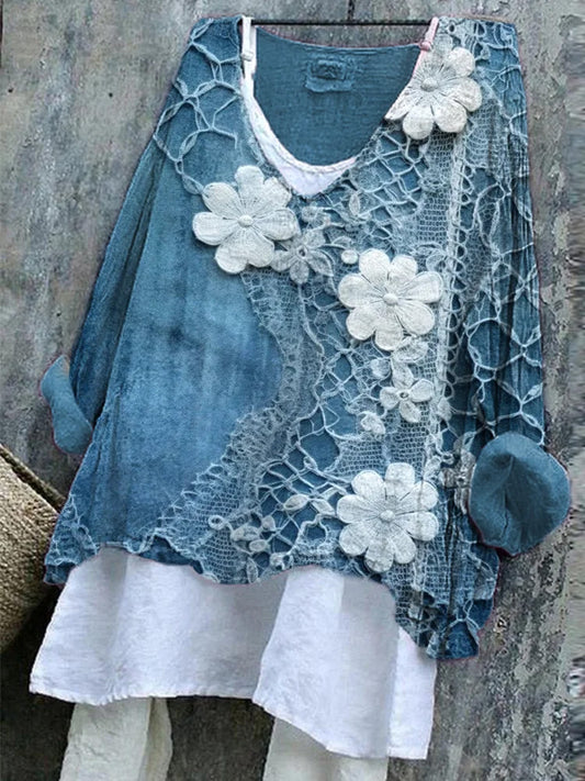 Women's Casual Floral Embroidery Art Linen Blend Retro Shirt artswardrobe
