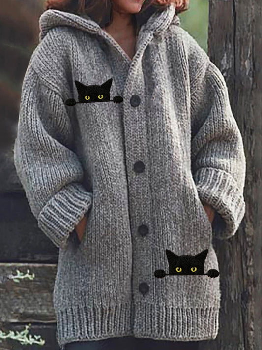 Women's Casual Funny Black Cat Print Hood Sweater artswardrobe