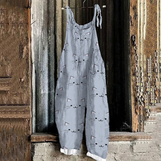 Comstylish Vintage Cute Cat Printed Funny Casual Loose Jumpsuit