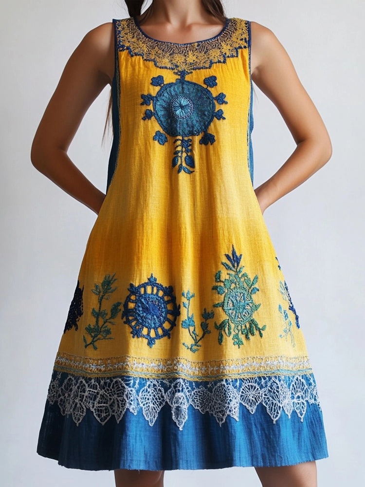 Ukrainian Folk Lace Patchwork Linen Tank Dress artswardrobe