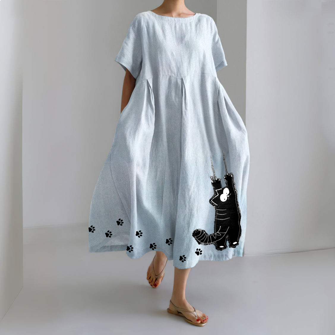 Comstylish Stretching Cat & Paw Prints Embroidered Linen Blend Maxi Dress