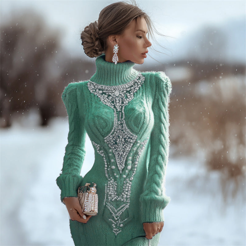Comstylish Classy Opal Jewel Art Cable Knit Turtleneck Sweater Dress