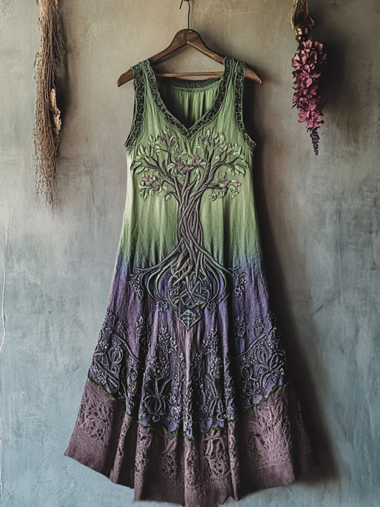 Vintage Viking Tribal Celtic Knot Life Of Tree Lace Patchwork Art Linen Tank Dress artswardrobe