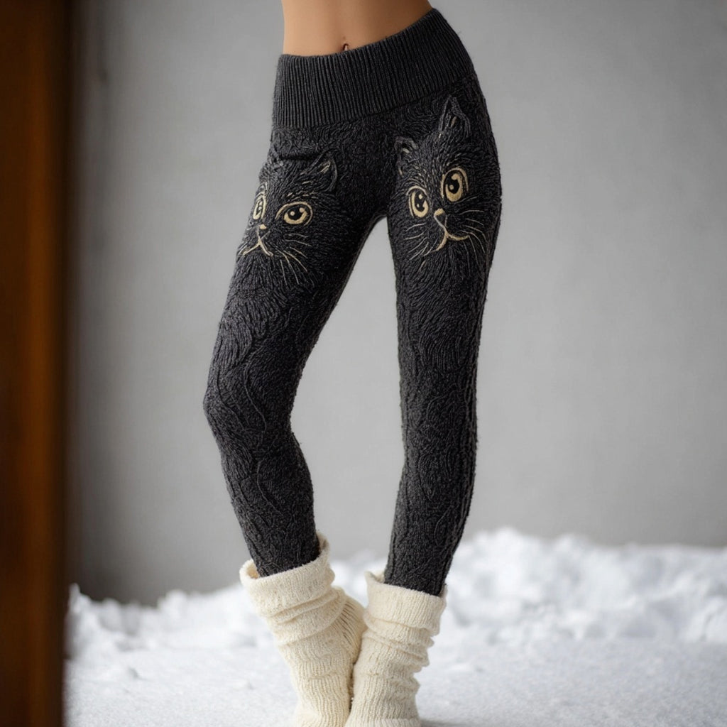 Cute Cat Face Embroidered Comfy Knit Leggings elevenforest