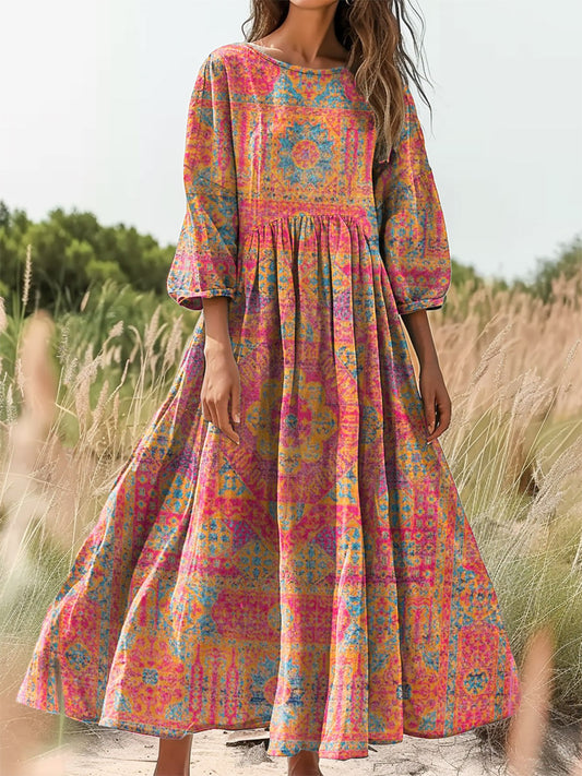 Women's Retro Ethnic Totem Printed Flowy Cotton Crew Neck Dress