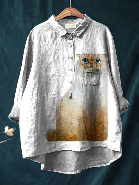 Vintage Funny Cat Art Print Casual Cotton And Linen Shirt