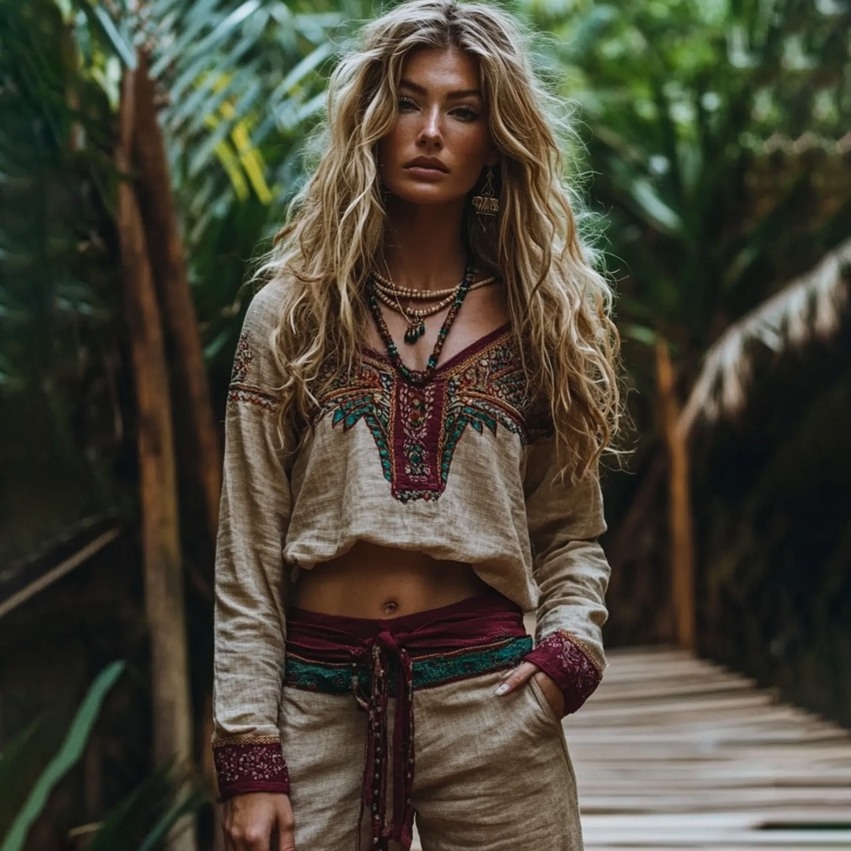 Vintage Tribal Ethnic Style Embroidered Linen V-neck Shirt artswardrobe