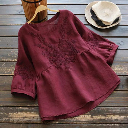 Comstylish Vintage Floral Lace Cotton Linen Casual Shirt