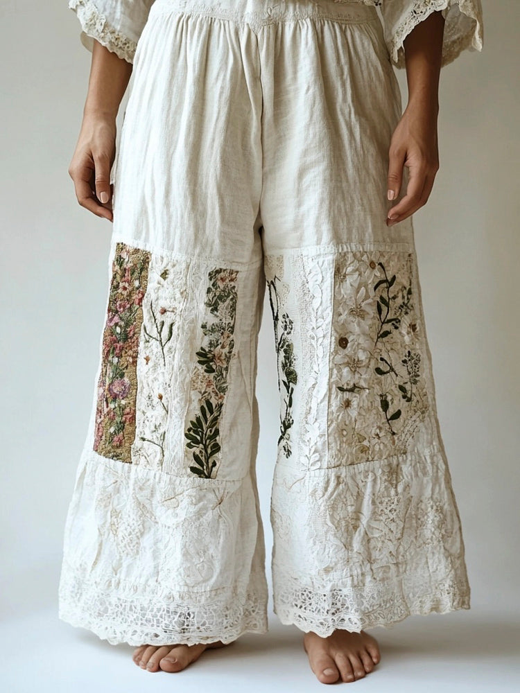 Bohemian Floral Lace Patchwork Embroidered Women's Linen Pants artswardrobe