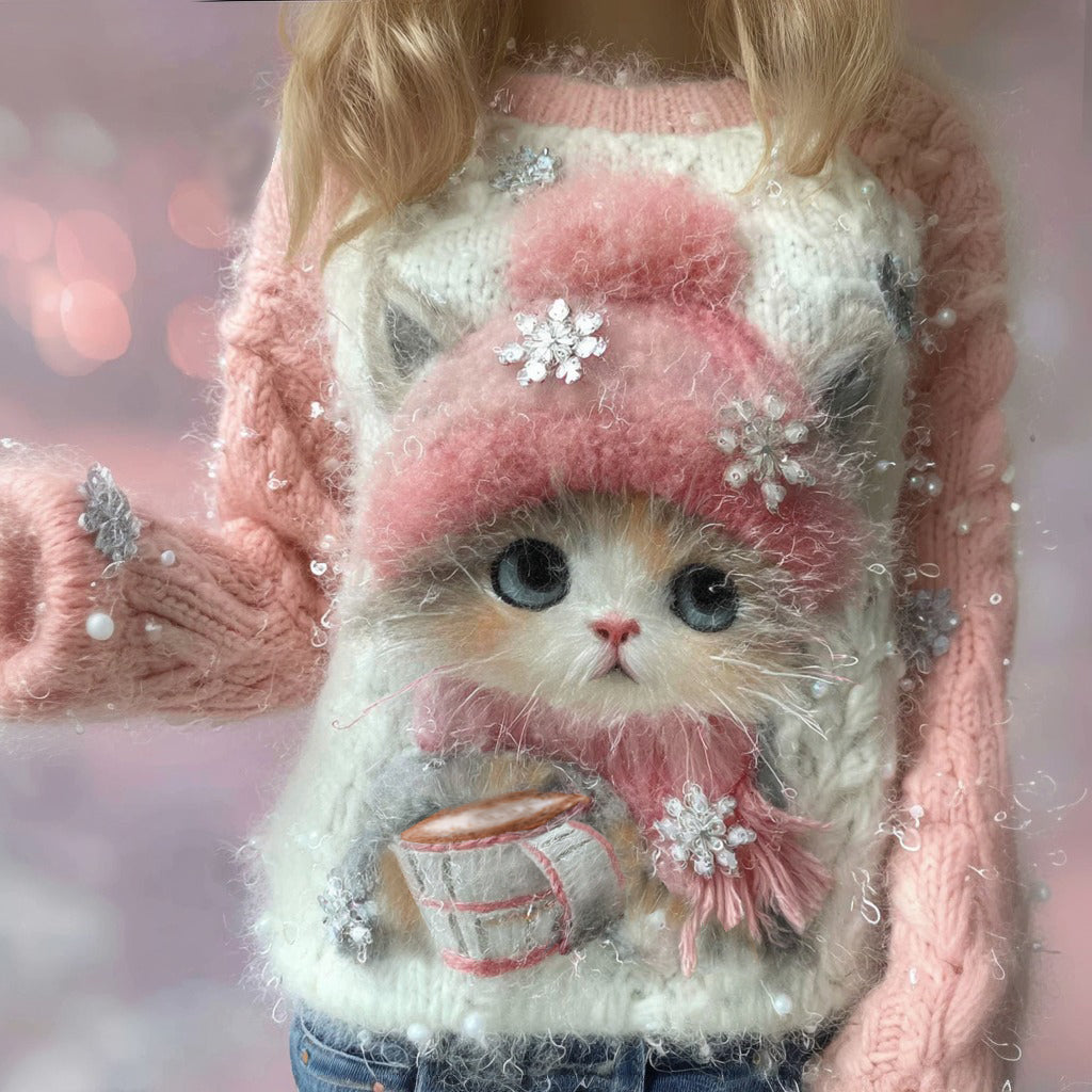 Women's Vintage Cute Cat Drinking Coffee Snowflake Art Cozy Sweater