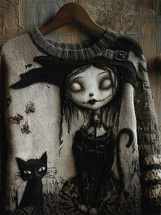 Halloween Gothic Witch Girl & Black Cat Knit Art Cozy Sweater artswardrobe