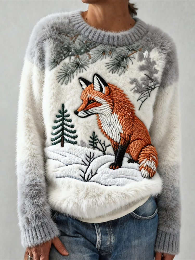 Comstylish Snowy Forest Fox Art Women's Cozy Flannel Sweater