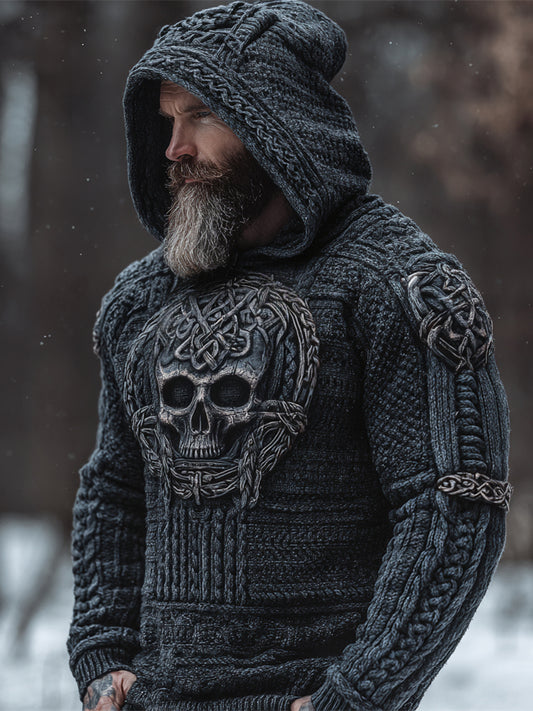 Viking Skull Men's Chunky Knit Hooded Sweater elevenforest
