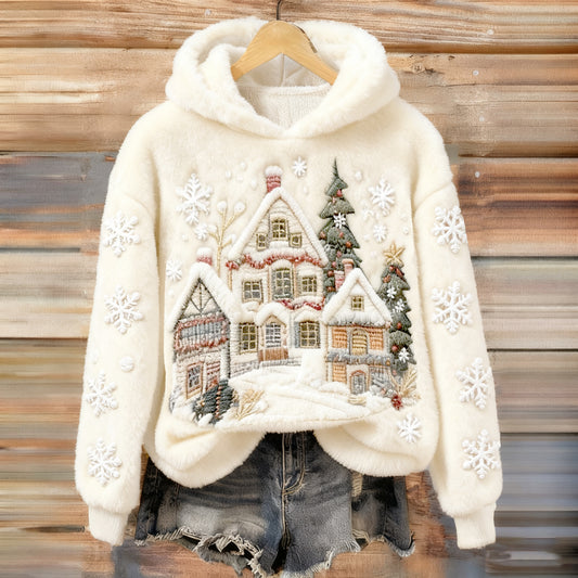 Women's Christmas Snow Scene Embroidery Comfort Flannel Hoodie