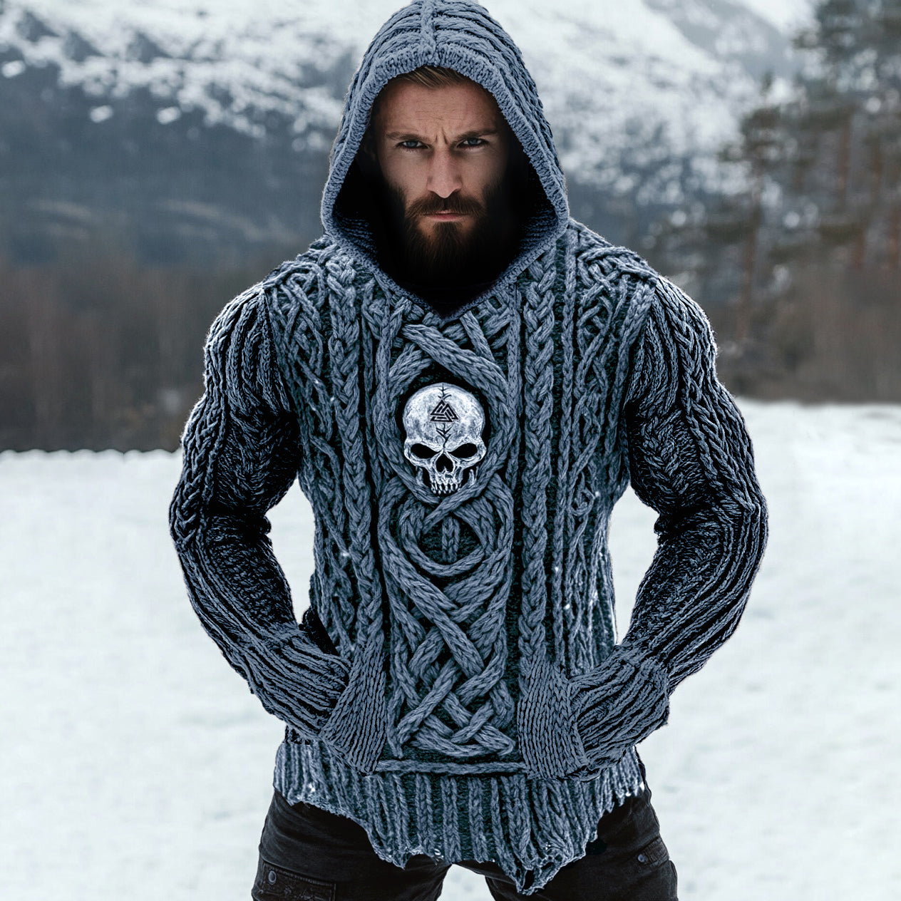 Men's Viking Tribal Skull Rune Celtic Inspired Knit Hooded Sweater elevenforest