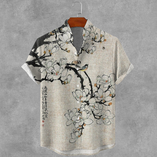 Men's Vintage Floral Oil Painting Art Print Casual Shirt elevenforest