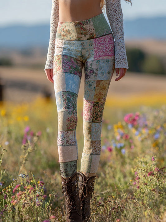Comstylish Vintage Boho Floral Patchwork Art Comfy Leggings