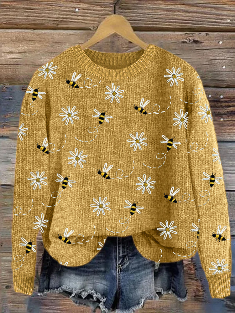 Flying Bees Floral Embroidery Pattern Cozy Knit Sweater artswardrobe