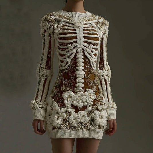 Women's Halloween Skeleton Art Gothic Knit Mini Sweater Dress artswardrobe