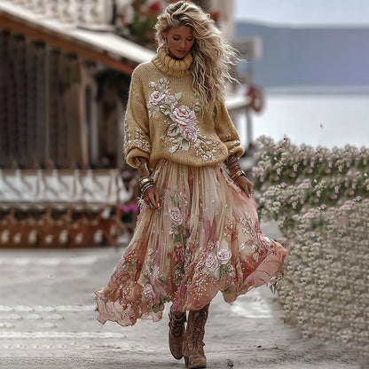Vintage Rose In Gradient Yellow Art Cozy Knit Turtleneck Sweater And Linen Skirt Two-piece Set artswardrobe