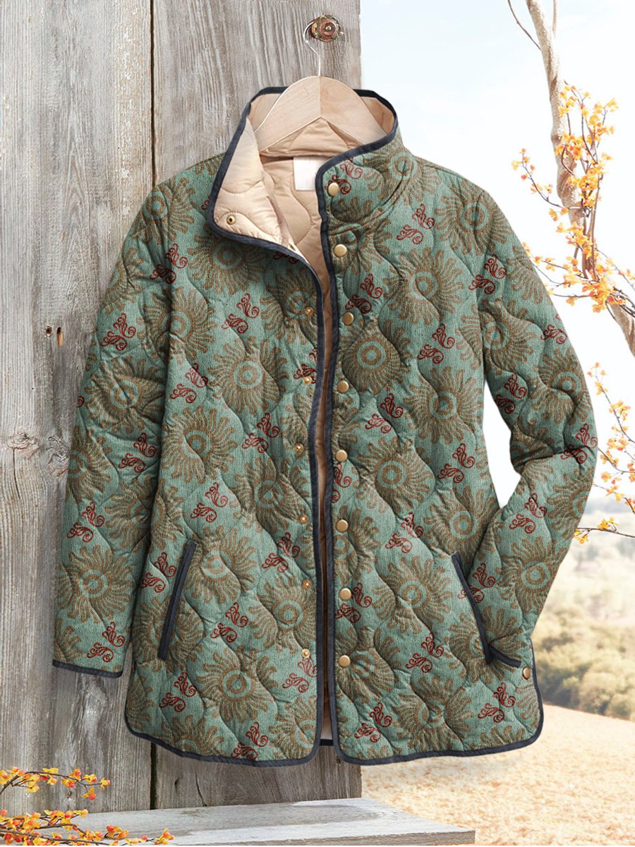 Retro Sun Repeat Pattern Printed Women's Casual Quilted Cardigan
