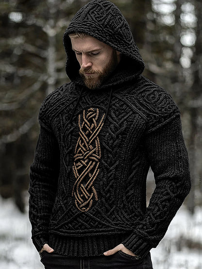 Men's Viking Jacquard Celtic Inspired Cozy Knit Hooded Sweater artswardrobe