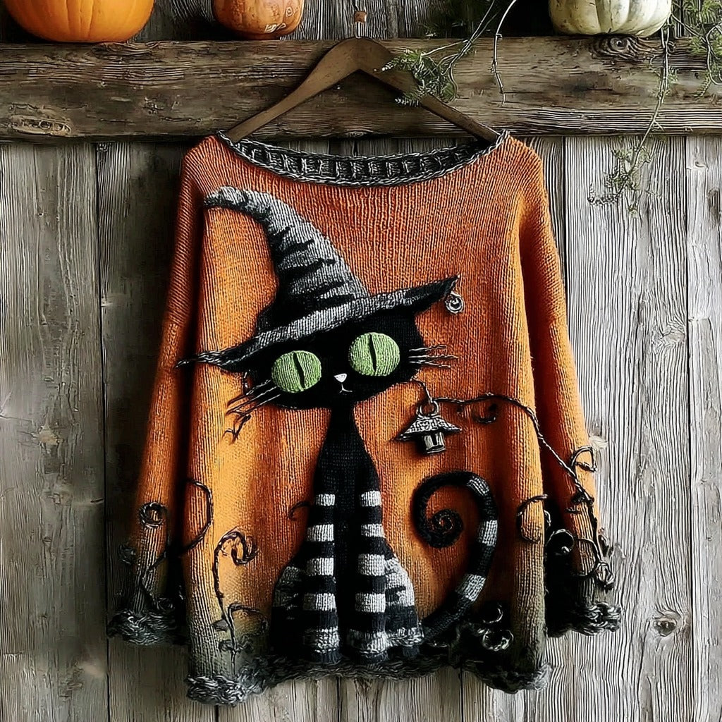 Halloween Black Cat Knitted Crew Neck Sweater elevenforest