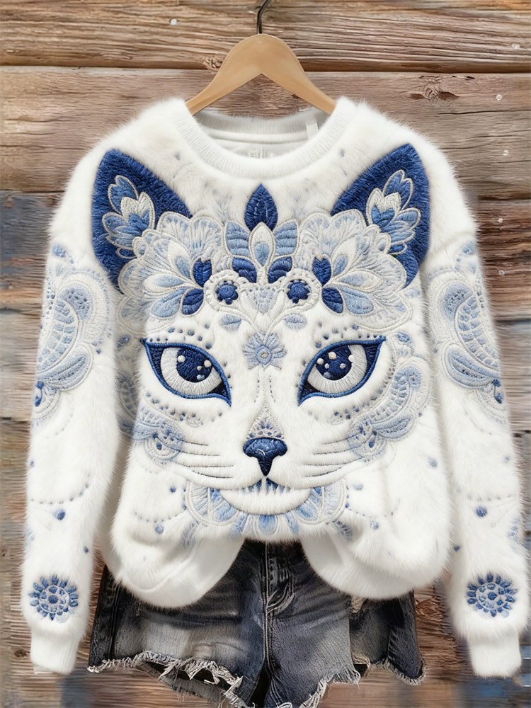 Comstylish Ethnic Floral Cat Face Embroidered Cozy Plush Sweatshirt