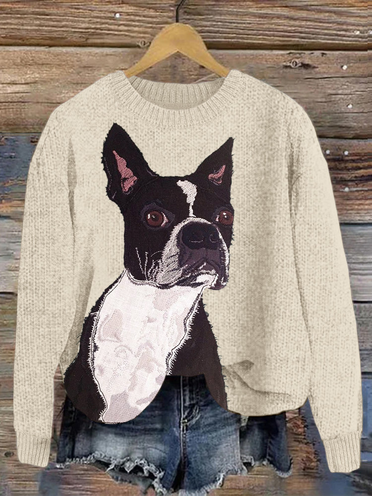 Comstylish Boston Terrier Dog Embroidered Cozy Sweater