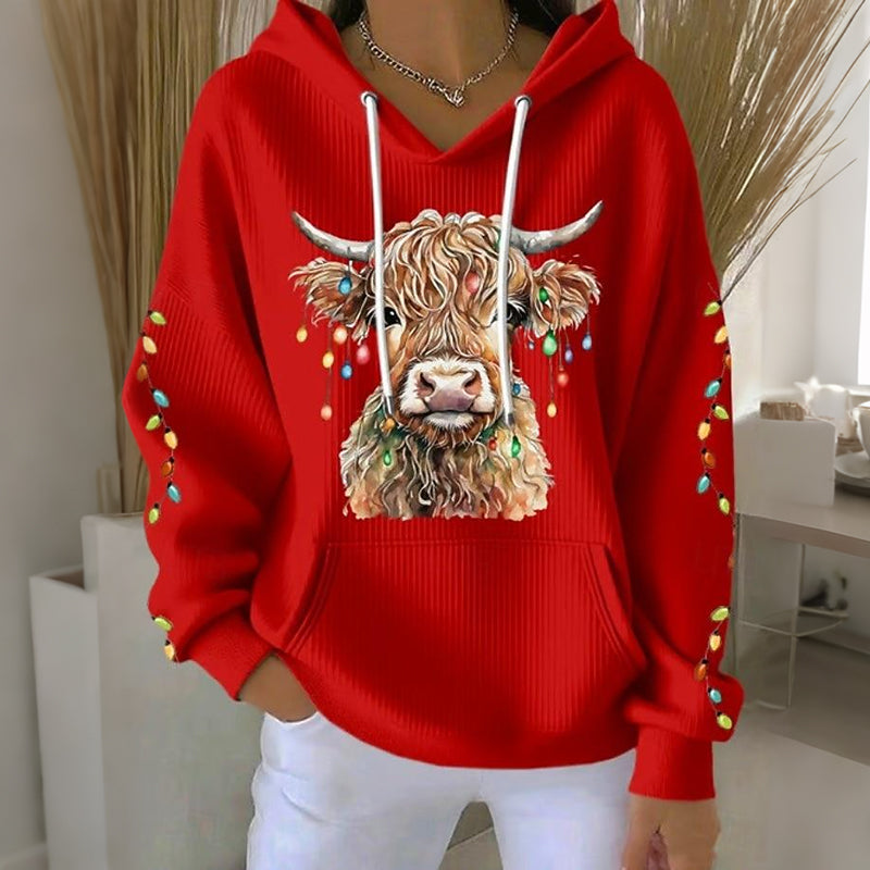 Comstylish Women's Christmas Highland Cow Print Casual Hoodie