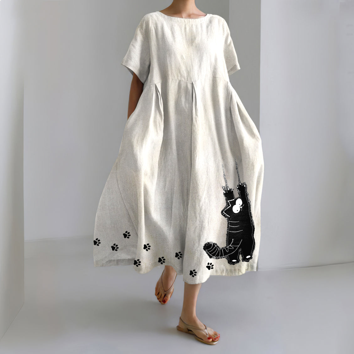 Comstylish Stretching Cat & Paw Prints Embroidered Linen Blend Maxi Dress