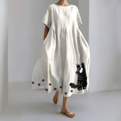 Comstylish Stretching Cat & Paw Prints Embroidered Linen Blend Maxi Dress