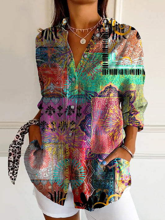 Women's Vintage Floral Art Print Casual Cotton Shirt