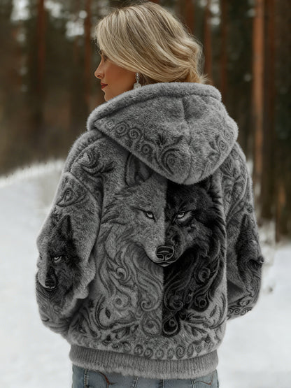 Comstylish Women's Viking Wolf Art Knit Cozy Flannel Hooded