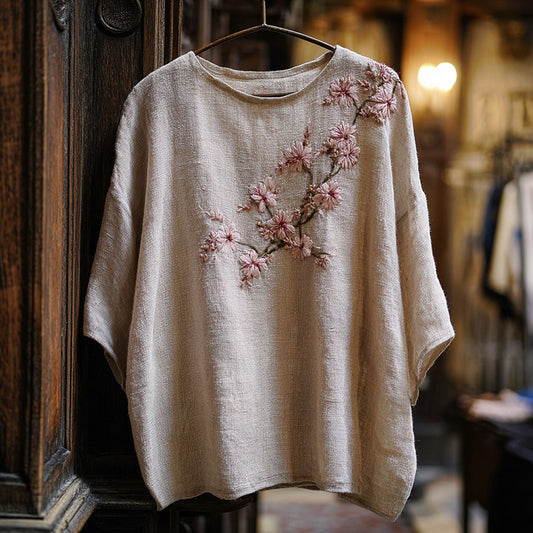 Women's Vintage Cherry Blossom Embroidered Casual Linen Top elevenforest