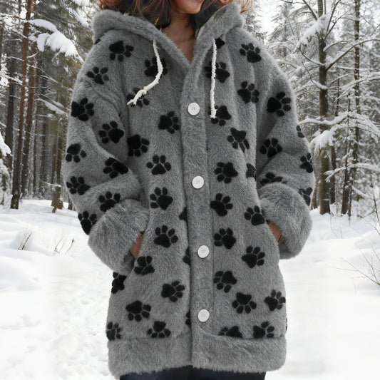 Comstylish Vintage Puppy Paw Art Cozy Knit Hooded Cardigan