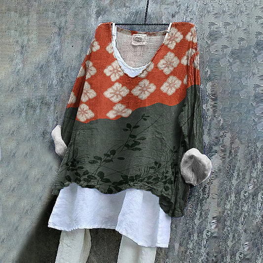 Comstylish Japanese Art Flower Print V-Neck Blouse
