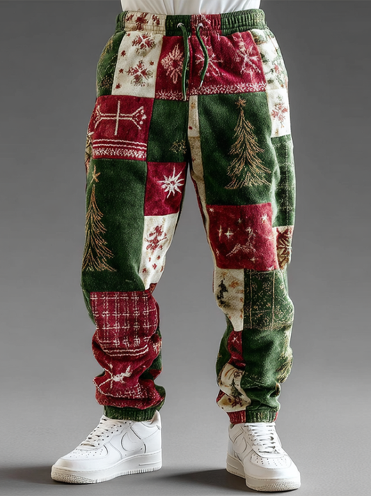 Comstylish Christmas Retro Elements Patchwork Design Men's Flannel Long Pants