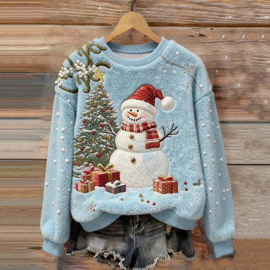 Women's Christmas Snowman Embroidery Art Comfort Plush Sweatshirt