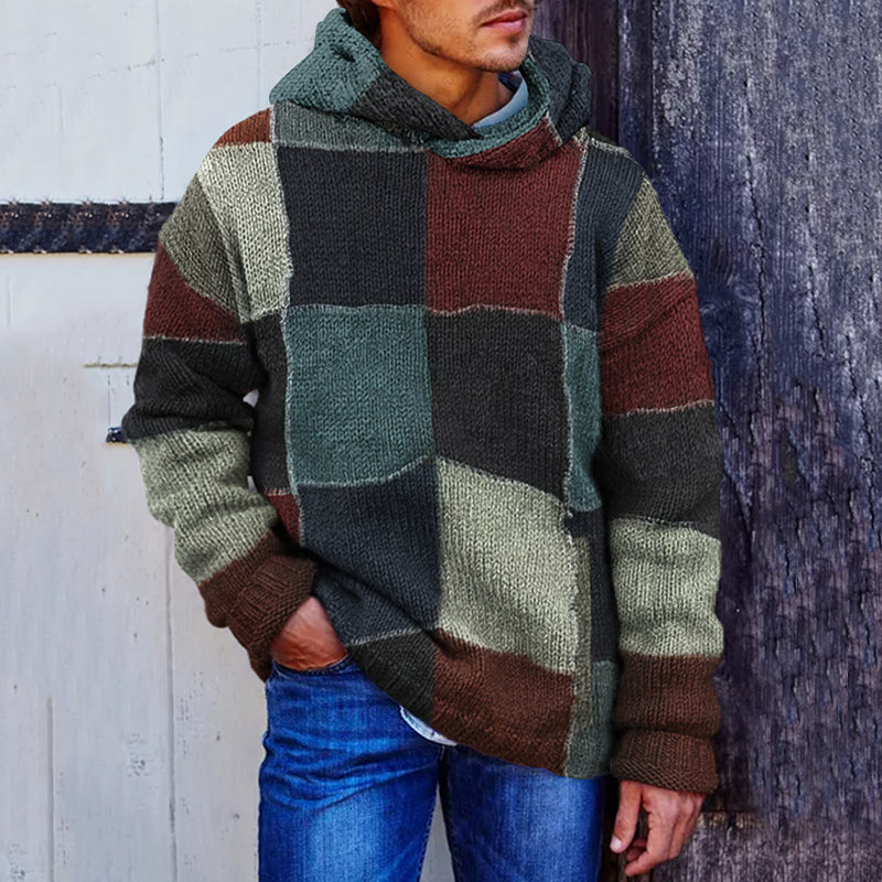Men'S Vintage Colorful Knitted Patchwork Cozy Hooded Sweater elevenforest