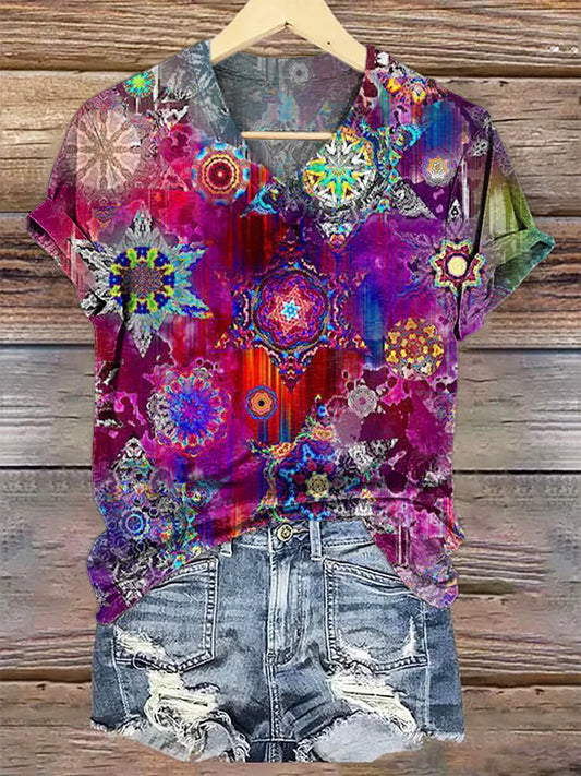 Women's Hippie Art Painting Print V-Neck T-Shirt