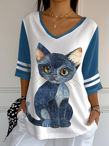 Women's Animal Cat Print Mid Sleeve T-shirt artswardrobe