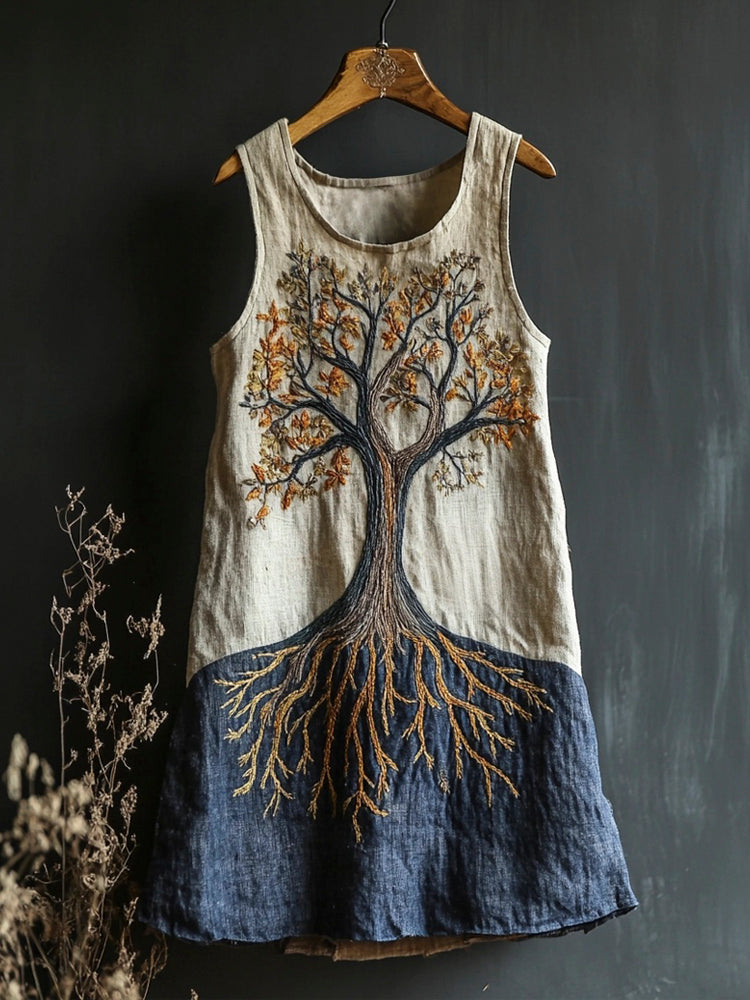 Tree Of Life Embroidered Vintage Art Women's Linen Vest Dress artswardrobe