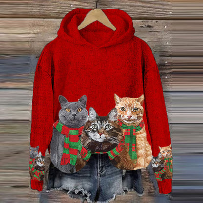 Christmas Cat Print Cozy Knit Hooded Sweater elevenforest