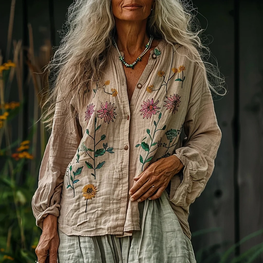 Bohemian Linen Floral Art Print Long Sleeve Loose  Shirt artswardrobe