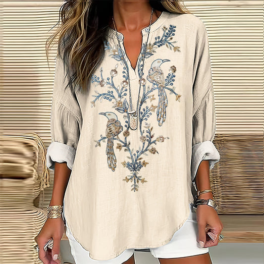 Comstylish Women's Embroidered Birds And Flowers V-neck Linen Blend Loose Blouse