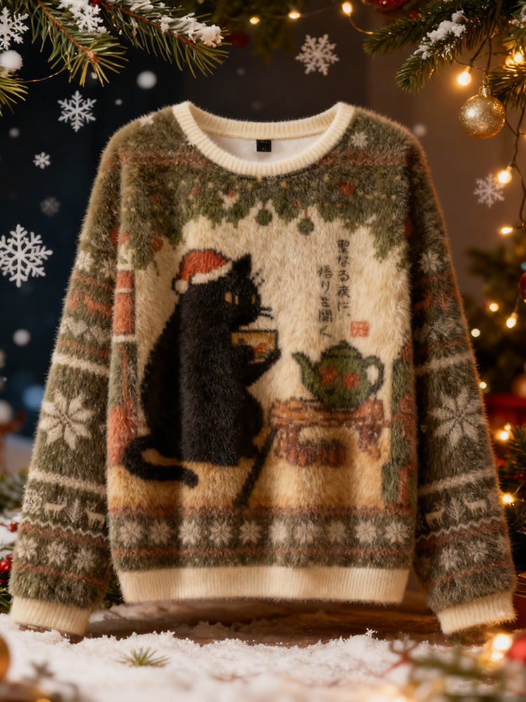 Comstylish Cute Cat Drinking Tea Christmas Ugly Flannel Sweater