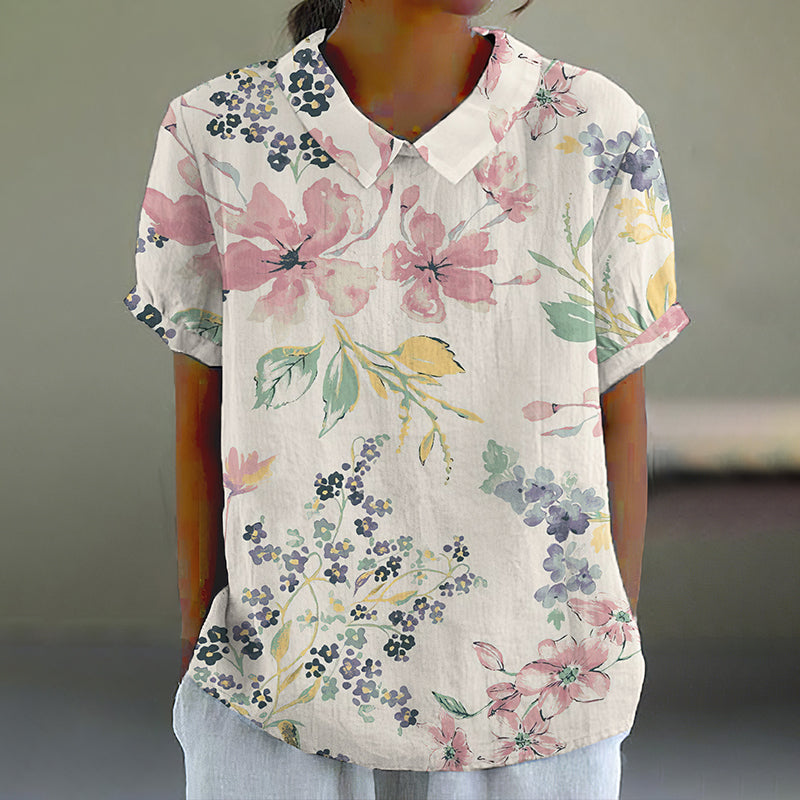 Comstylish Elegant Floral Art Print Casual Cotton Linen Shirt